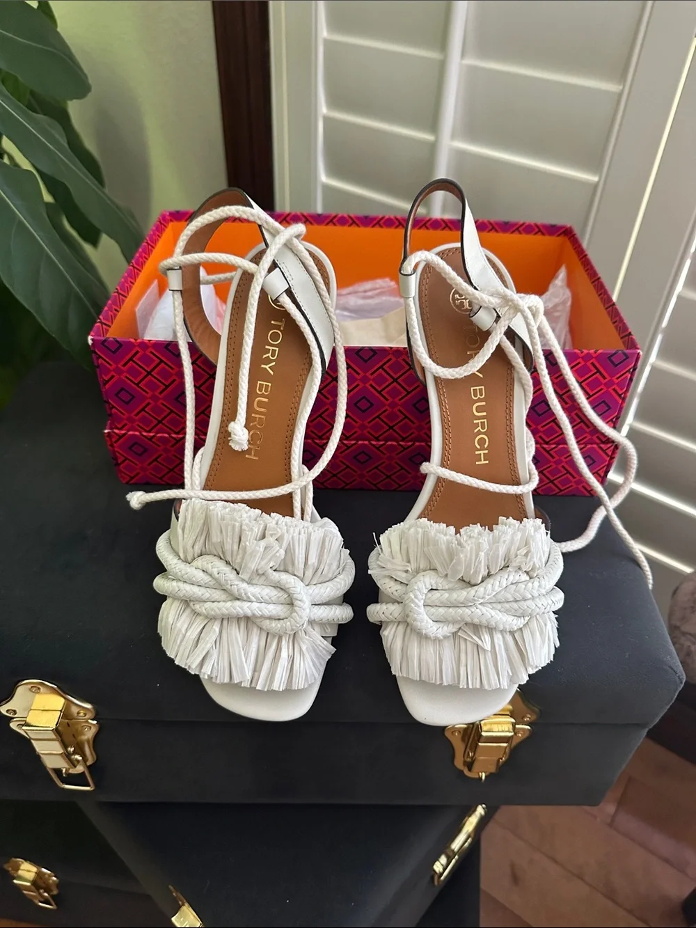 Tory Burch White Raffia Knot Lace-Up Sandals